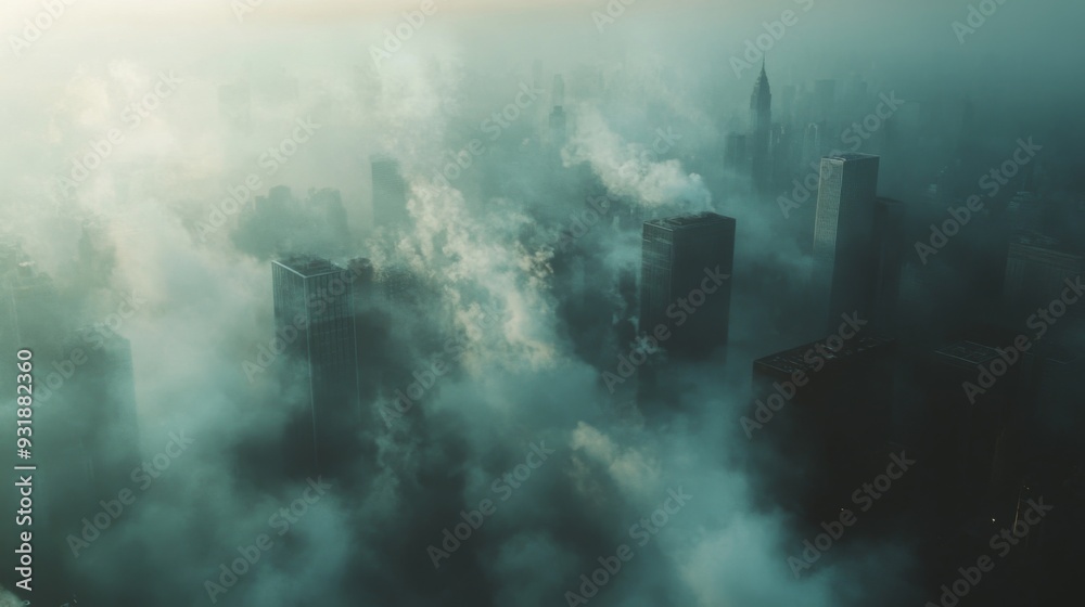 Close-up of smoke drifting through an urban environment, with the city skyline faintly visible through the hazy, thick smoke. Close-up of smoke drifting through an urban environment, with the city skyline faintly visible through the hazy, thick smoke.