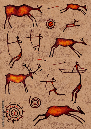 Εκτύπωση καμβά Ready-made poster print with a watercolor illustration of a set of petroglyphs,