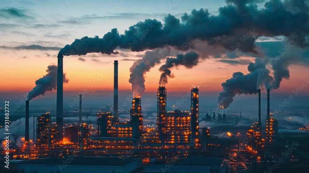 Expansive industrial site with towering smokestacks and complex piping systems, set against a dramatic sky. Expansive industrial site with towering smokestacks and complex piping systems, set against a dramatic sky.
