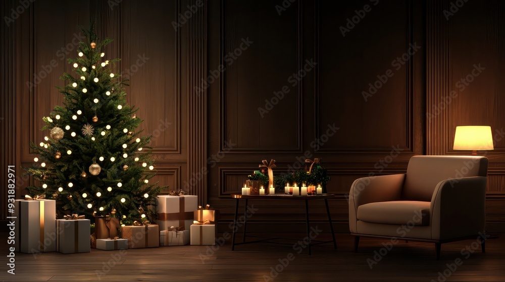 A Christmas tree is lit up in a room with a chair and a table. The room is decorated with presents and candles A Christmas tree is lit up in a room with a chair and a table. The room is decorated with presents and candles