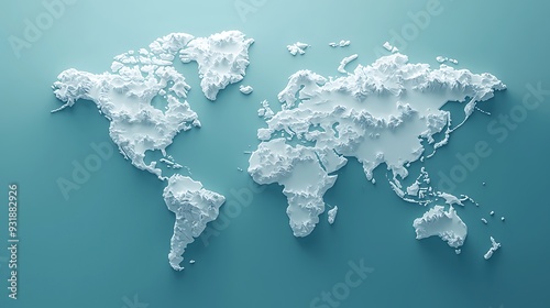 Fototapeta Naklejka Na Ścianę i Meble -  White 3D World Map on Teal Background: A 3D white world map on a teal background, combining geographical detail with modern color schemes.