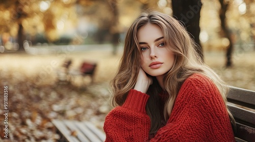 An atmospheric photo taken in autumn. A stunning woman in a red sweater, crafted by hand, sitting on a bench in a park during autumn. Outdoor lifestyle portrait. Caucasian model with long hair sportin photo