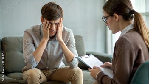 Depression Teenage girl sitting on armchair and talking about her problems to psychologist during consultation at office