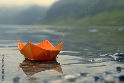 Tranquil Scene with an Orange Origami Boat on Still Water