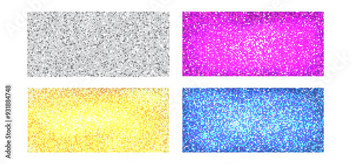 Disco ball colorful patterns collection. Purple, yellow and blue square mosaic backdrops. Set of night club pink blue and gold backgrounds with mirror foil texture. Vector illustration