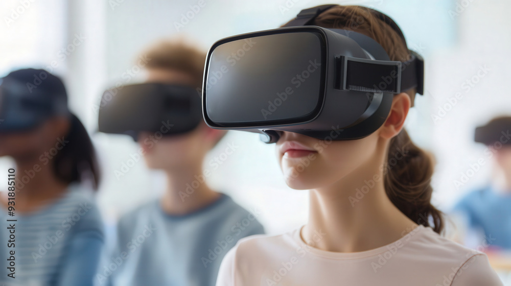 Innovative Classroom Experience, educators facilitating immersive virtual reality lessons, engaging students in interactive learning environments, shaping the future of education Innovative Classroom Experience, educators facilitating immersive virtual reality lessons, engaging students in interactive learning environments, shaping the future of education