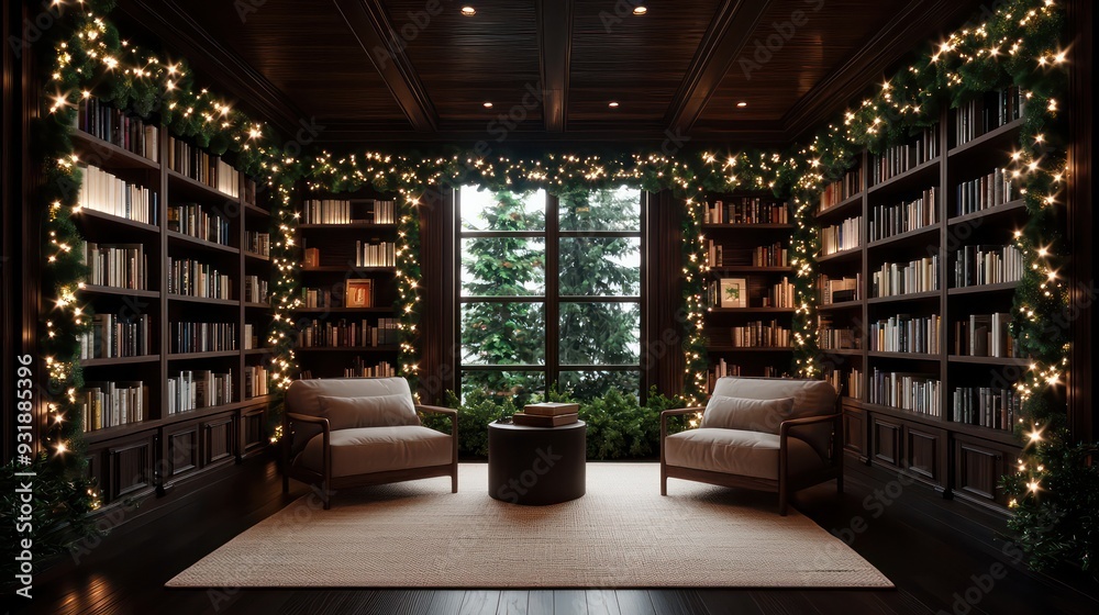 A cozy room with a fireplace and a Christmas tree. The room is filled with bookshelves and a large window. There are two chairs in the room, one near the window and the other in the middle of the room A cozy room with a fireplace and a Christmas tree. The room is filled with bookshelves and a large window. There are two chairs in the room, one near the window and the other in the middle of the room