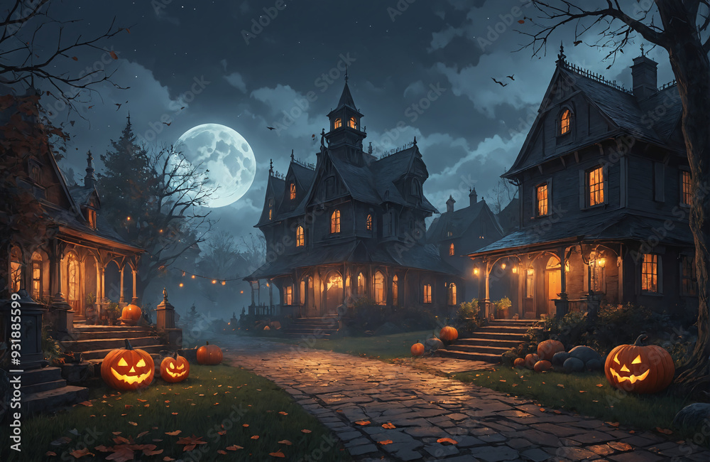 3d halloween render haunted house moon night pumpkin 3d halloween render haunted house moon night pumpkin