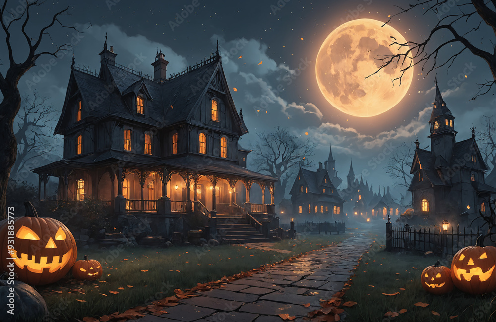 3d halloween render haunted house moon night pumpkin 3d halloween render haunted house moon night pumpkin