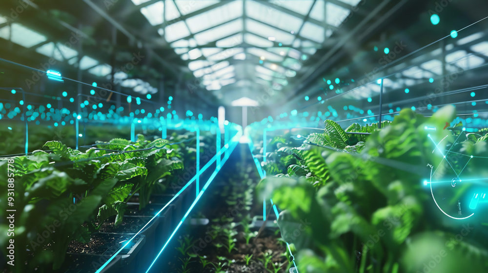 A greenhouse with rows of green plants. 