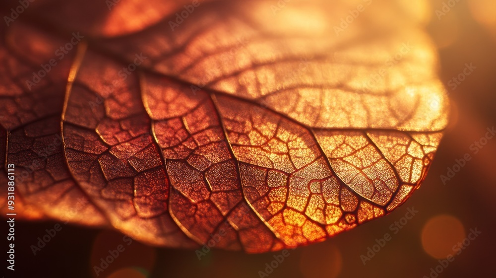 Close-up of a Translucent Autumn Leaf with Veins Illuminated by Sunlight Close-up of a Translucent Autumn Leaf with Veins Illuminated by Sunlight