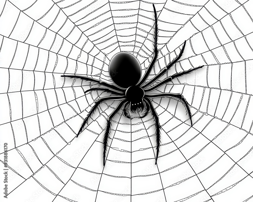 Obraz premium Black Spider in a Web A Detailed CloseUp Perspective of a Black Spider Centered in its Web with a White Background