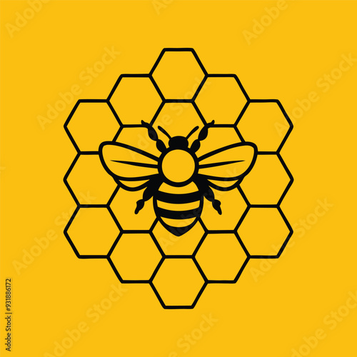 Bee on honeycomb vector outline illustration design