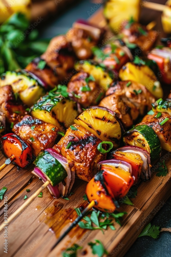 Grilled Chicken and Pineapple Skewers on a Rustic Table Grilled Chicken and Pineapple Skewers on a Rustic Table