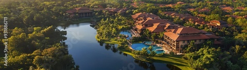 Aerial View of a Resort with a Winding Lake and Lush Greenery