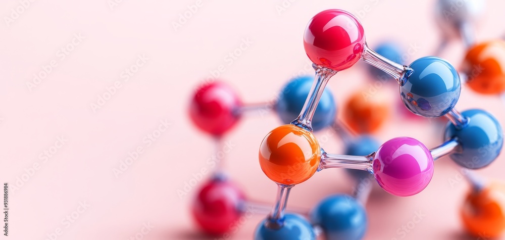 Closeup of colorful molecule model against pink background Glass spheres connected by transparent rods focus on orange red blue and pink spheres Abstract scientific illustration Closeup of colorful molecule model against pink background Glass spheres connected by transparent rods focus on orange red blue and pink spheres Abstract scientific illustration