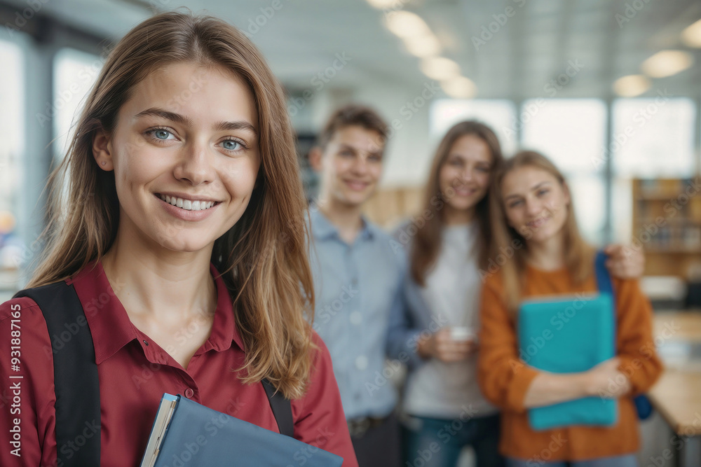 Portrait of happy student girl is smiling and holding a notebook in front of a group of people Portrait of happy student girl is smiling and holding a notebook in front of a group of people