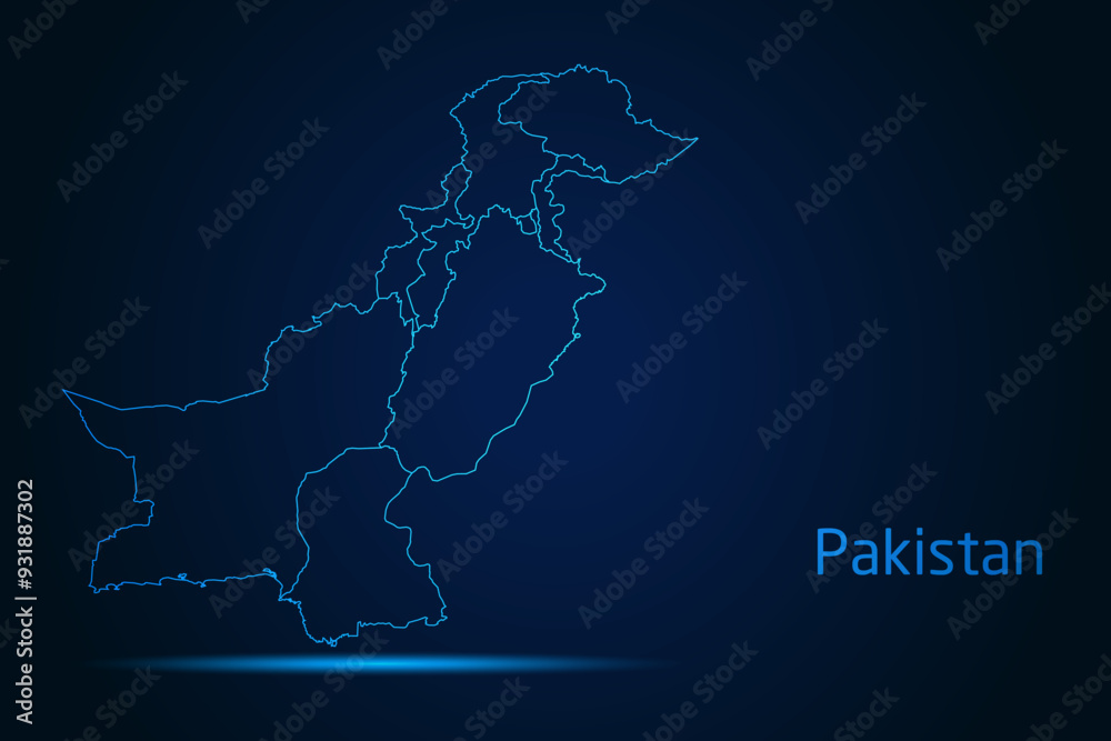 Abstract High Detailed Glow Blue Map on Dark Background of Map of Pakistan symbol for your web site design map logo, app, Travel. Vector illustration eps 10.
Abstract High Detailed Glow Blue Map on Dark Background of Map of Pakistan symbol for your web site design map logo, app, Travel. Vector illustration eps 10.