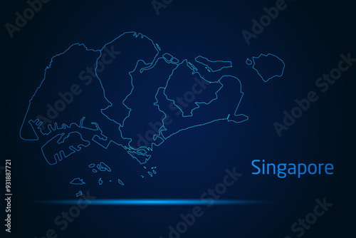 Abstract High Detailed Glow Blue Map on Dark Background of Map of Singapore symbol for your web site design map logo, app, Travel. Vector illustration eps 10.	
