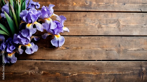 Purple Irises on Rustic Wooden Background. Generative Ai