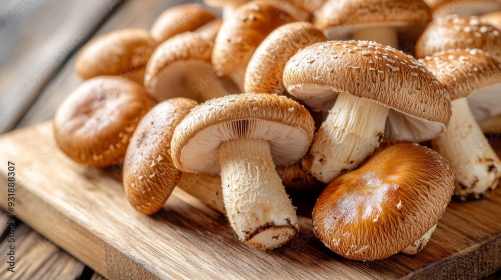 Detailed shot of a cluster of shiitake mushrooms on a wooden cutting board, emphasizing their distinctive, glossy caps and the fine details of their stems. Detailed shot of a cluster of shiitake mushrooms on a wooden cutting board, emphasizing their distinctive, glossy caps and the fine details of their stems.