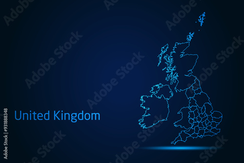 Abstract High Detailed Glow Blue Map on Dark Background of Map of United Kingdom symbol for your web site design map logo, app, Travel. Vector illustration eps 10.	
