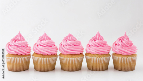 Line of Five Vanilla Cupcakes with Pink Frosting on a White Background with Copyspace