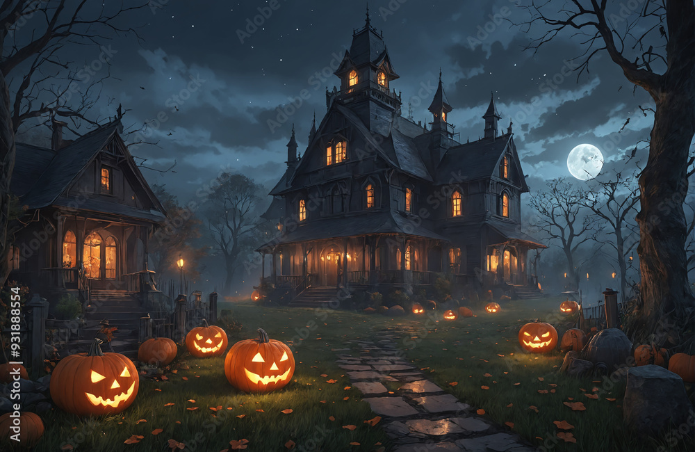3d halloween render haunted house moon night pumpkin 3d halloween render haunted house moon night pumpkin