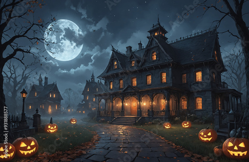 3d halloween render haunted house moon night pumpkin