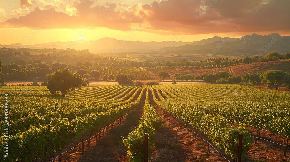 Fototapeta premium Expansive Spanish vineyards bathed in warm sunlight