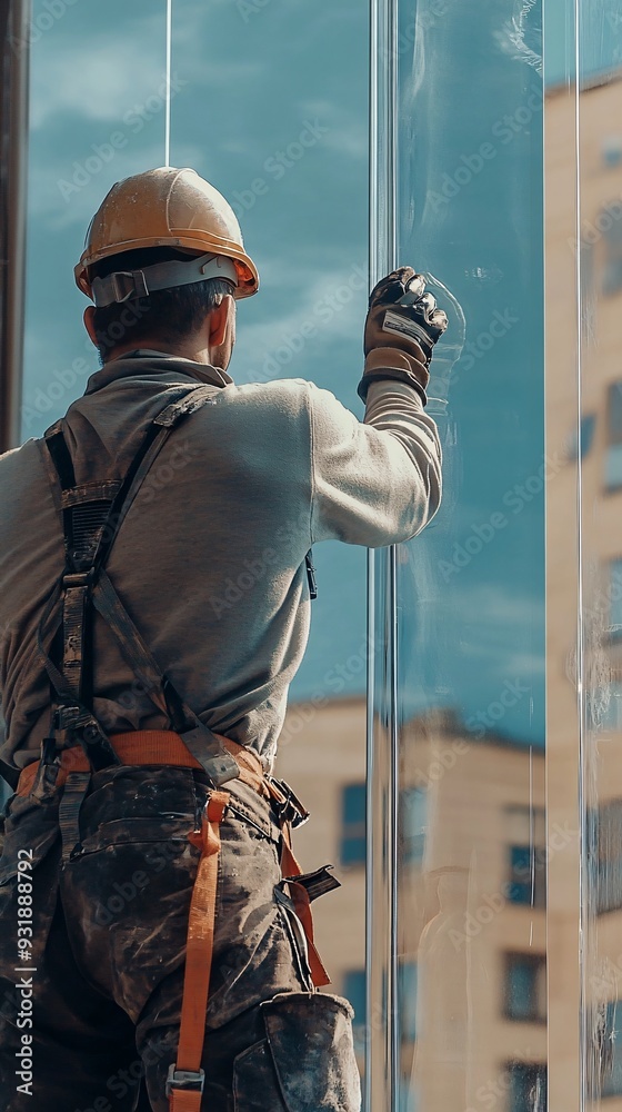 A glazier wearing safety equipment while working on a large glass window, with ample copy space for text A glazier wearing safety equipment while working on a large glass window, with ample copy space for text