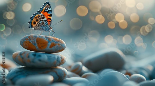 Harmony of Life Concept Surrealist Butterfly on the Pebble Stone Stack in Garden Metaphor of Balancing Nature and Technology Calm Mind Life Relaxing and Living by Nature : Generative AI photo