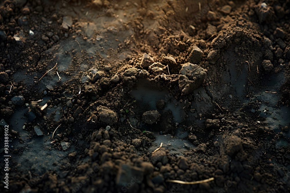 Close-Up of Rich, Dark Soil with Textured Surface and Natural Elements Close-Up of Rich, Dark Soil with Textured Surface and Natural Elements