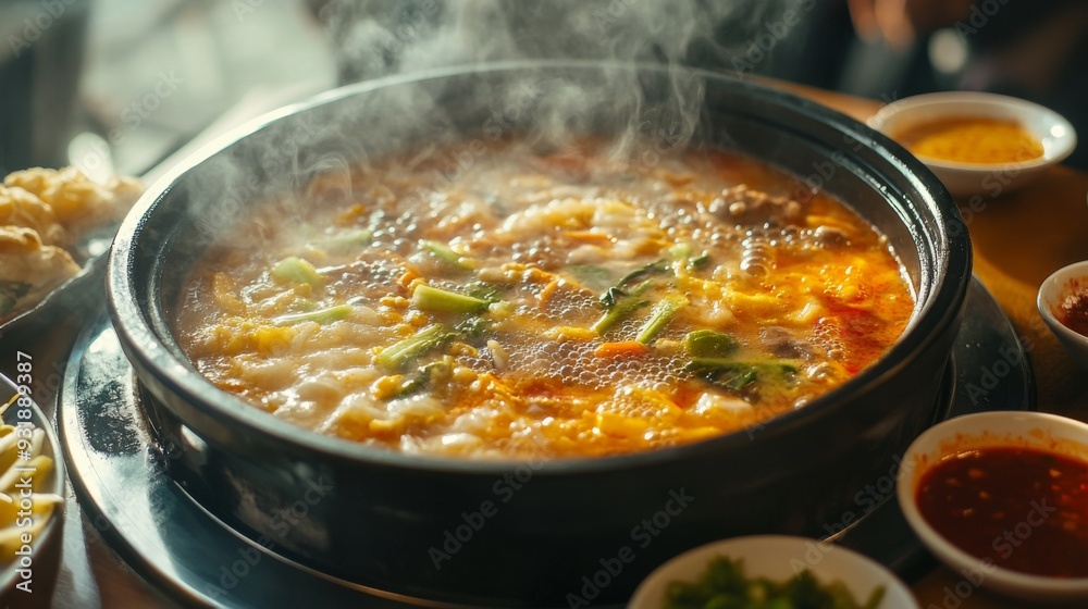 Detailed shot of a hot pot with various dipping sauces on the side, capturing the steam and sizzling ingredients as they cook in the pot. Detailed shot of a hot pot with various dipping sauces on the side, capturing the steam and sizzling ingredients as they cook in the pot.