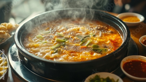 Detailed shot of a hot pot with various dipping sauces on the side, capturing the steam and sizzling ingredients as they cook in the pot.