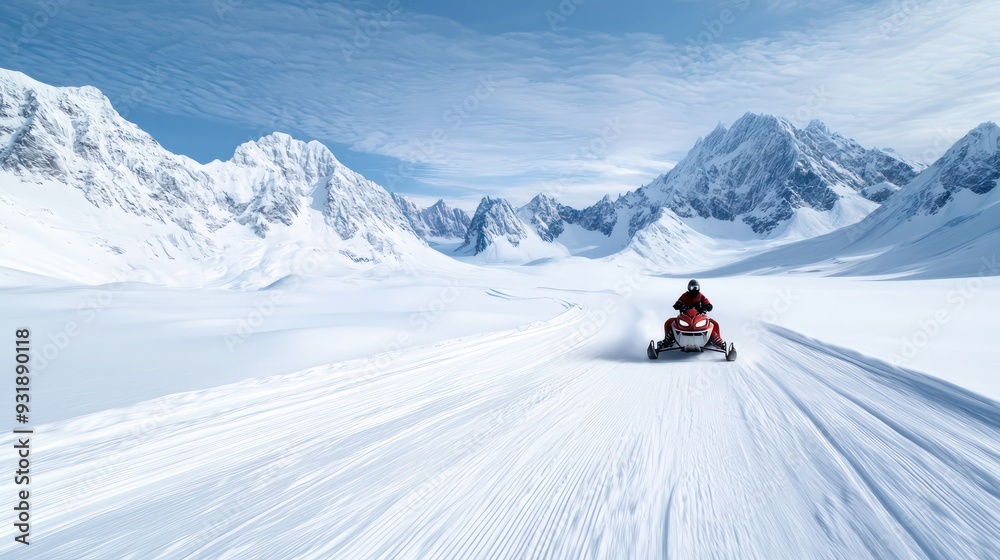 A man is driving a snowmobile on a snowy road. The snowmobile is red and the man is wearing a red jacket. The road is empty and the sky is clear. The scene is peaceful and serene A man is driving a snowmobile on a snowy road. The snowmobile is red and the man is wearing a red jacket. The road is empty and the sky is clear. The scene is peaceful and serene