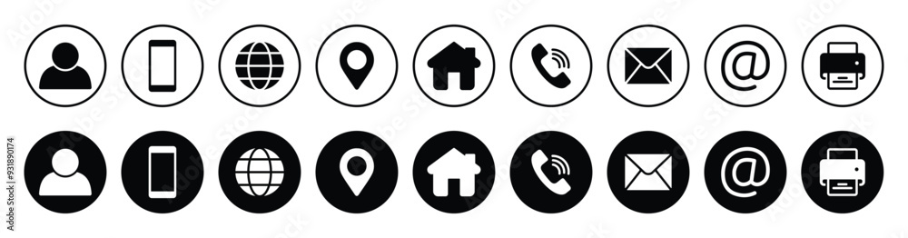 Contact us icon set. Business card, Containing user, Phone, Website, Location, Address, telephone, mail, fax, symbol sign for apps and website, Communication contact, vector illustration. Contact us icon set. Business card, Containing user, Phone, Website, Location, Address, telephone, mail, fax, symbol sign for apps and website, Communication contact, vector illustration.