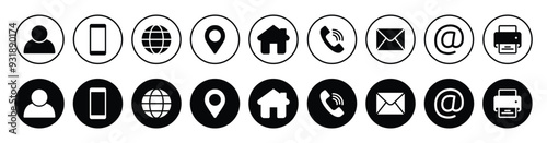Contact us icon set. Business card,  Containing user, Phone, Website, Location, Address, telephone, mail, fax, symbol sign for apps and website, Communication contact, vector illustration.