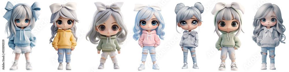 Fashionable modern doll with big eyes, with a bow on her head, in ripped jeans, png set, transparent background, Fashionable modern doll with big eyes, with a bow on her head, in ripped jeans, png set, transparent background,