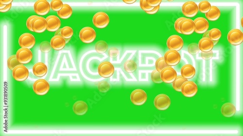 JACKPOT white neon animation with flashing effect frame two line neon progresses white as well as an animation of gold coins scattering hambur with a green background photo