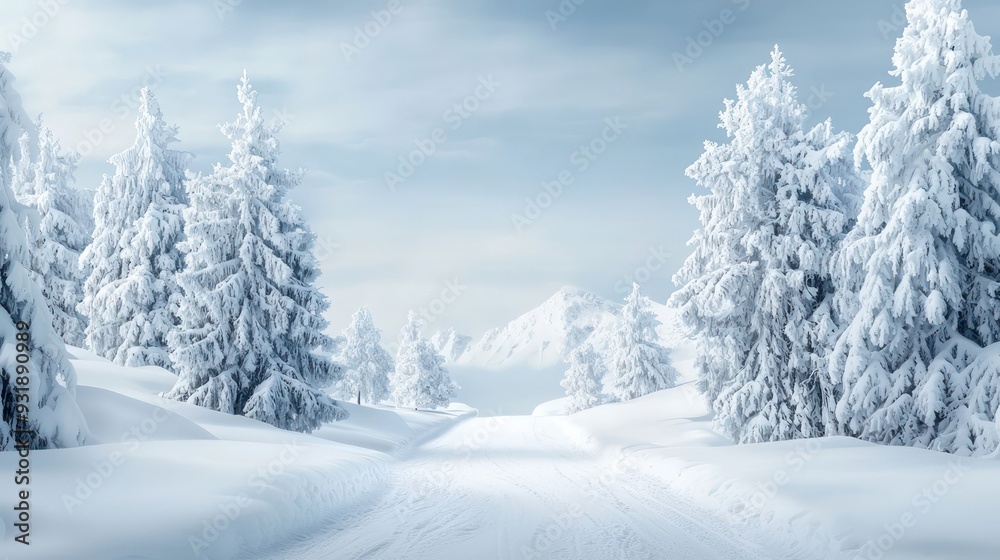 Fototapeta premium A snowy landscape with a road in the middle and trees on both sides. The road is empty and the trees are covered in snow. The scene has a peaceful and serene mood