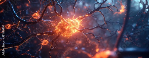 Neuron Network Glow: Abstract, glowing, fiery-hued neuron network, with intricate branches and a vibrant, glowing central cell body. A mesmerizing digital illustration capturing the beauty.