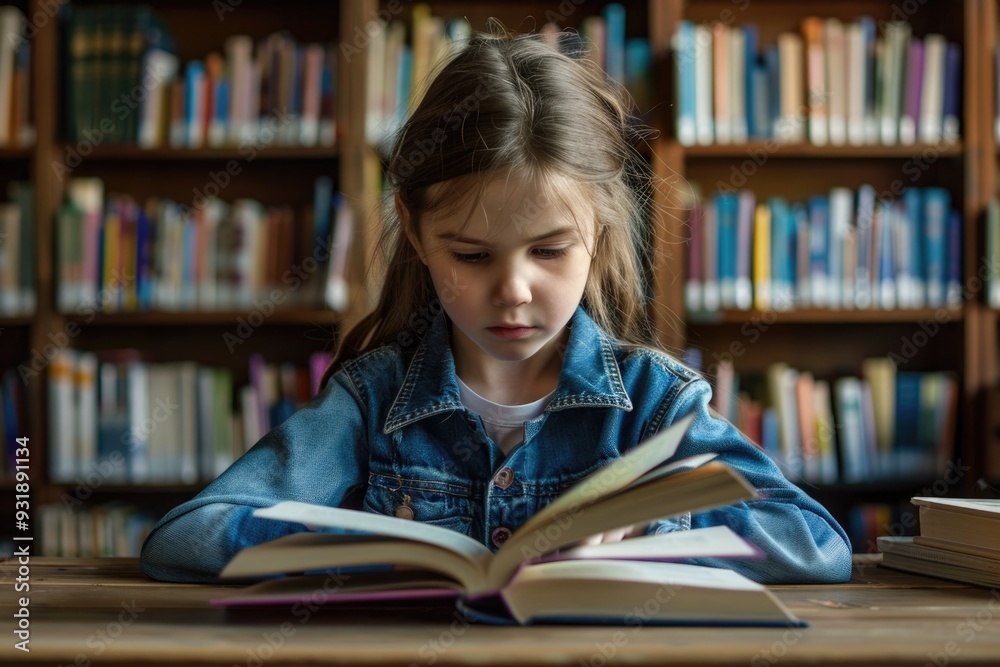 Curious Young Girl Reading in Library, Surrounded by Books, Education Concept Curious Young Girl Reading in Library, Surrounded by Books, Education Concept