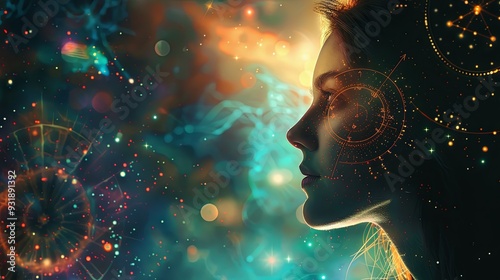 Beautiful woman astrology background, wheel forecast