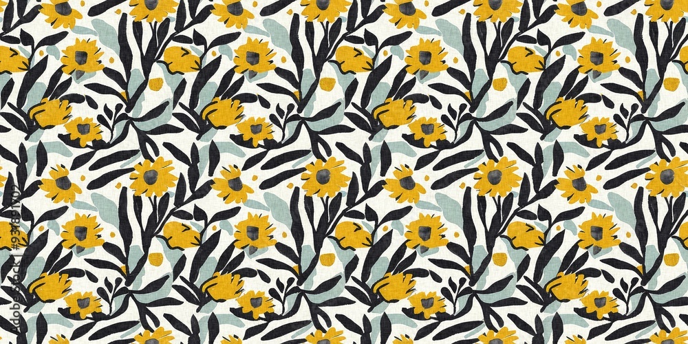 Modern printed fabric flower block print pattern with linen texture effect. Stylized boho dark floral for chic fashion background motif border design. Modern printed fabric flower block print pattern with linen texture effect. Stylized boho dark floral for chic fashion background motif border design.