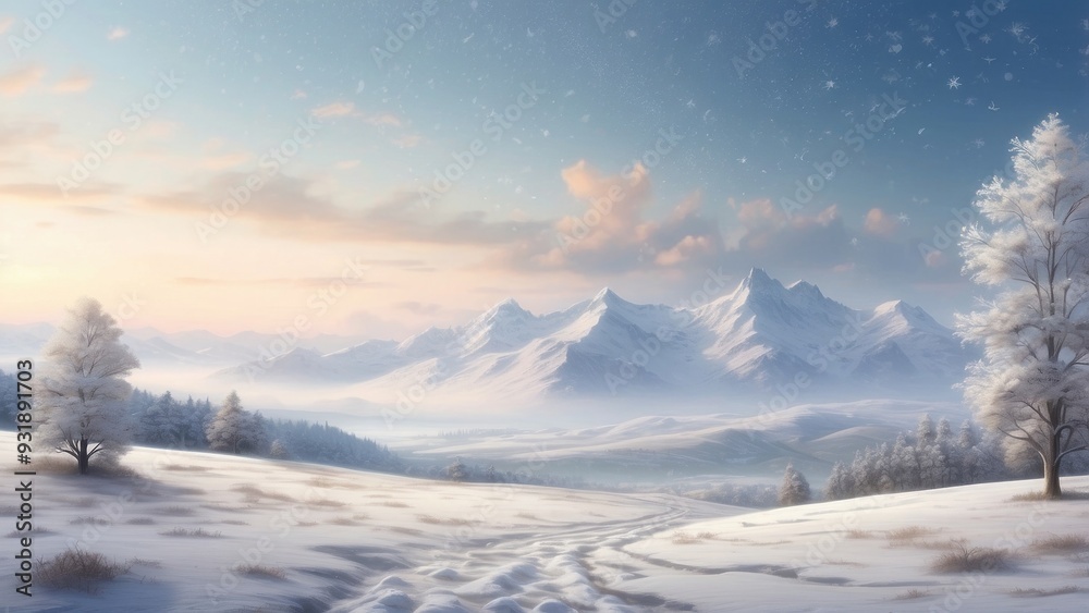 Soft snowy landscape with light snowflakes, serene and peaceful