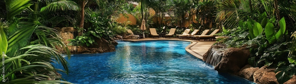Fototapeta premium Lush Tropical Pool Oasis with Waterfall and Lounge Chairs