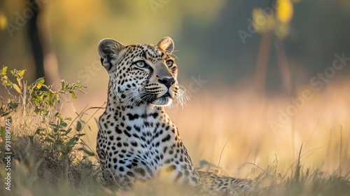 Fototapeta Naklejka Na Ścianę i Meble -  A Leopard Resting in Golden Grass