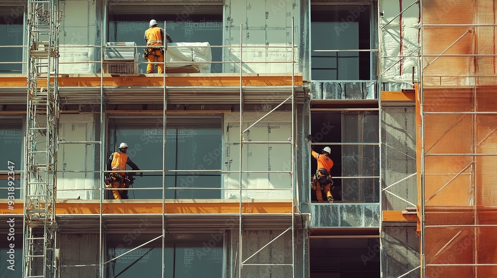A detailed view of workers applying insulation and installing windows on the exterior of a building under construction