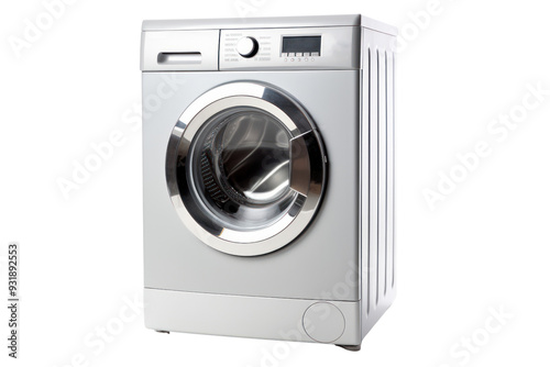 front-loading washing machine with a stainless steel drum and a variety of washing cycles, isolated on a white background